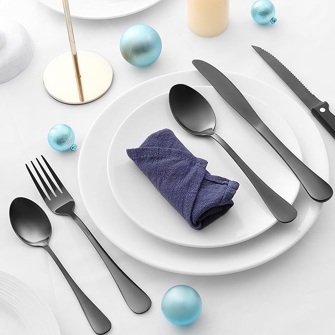 E-far 24-Piece Black Silverware Set with Steak Knives, Stainless Steel Flatware Cutlery Set for 4, Modern Metal Eating Utensils Sets Include Forks and Spoons Knife, Mirror Polished & Rust Proof