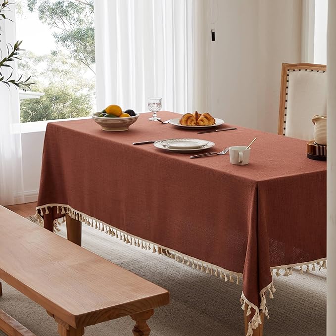 Linen Tablecloth with Tassels, Farmhouse Style Terracota Tablecloth, Water Resistant Burlap Tablecloths for Square Table, 52x52 Inch Terracota