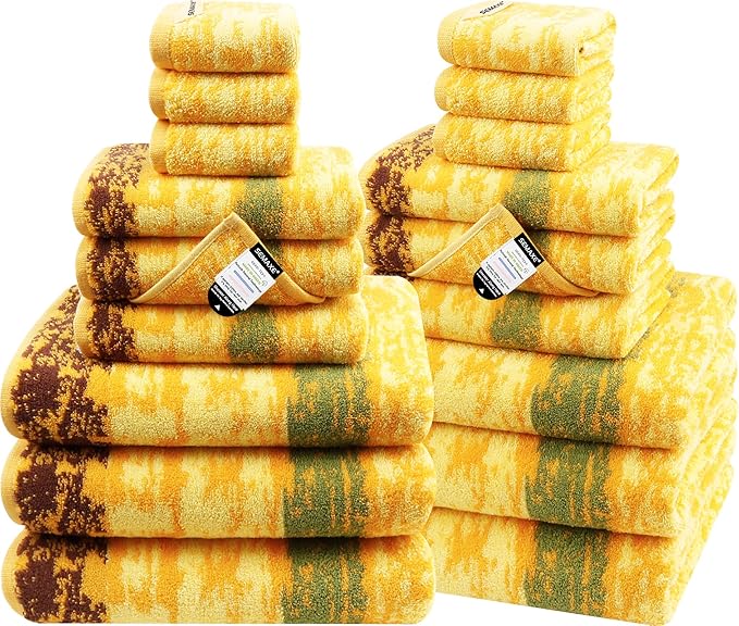 SEMAXE 18-Pack Bath Towel Set Include 6 Bath Towels, 6 Hand Towels, 6 Wash Cloths, 100% Cotton Bathroom Towels with Hanging Loops, Soft & Absorbent Towel, Colorful Towel - Wheat Field Collection