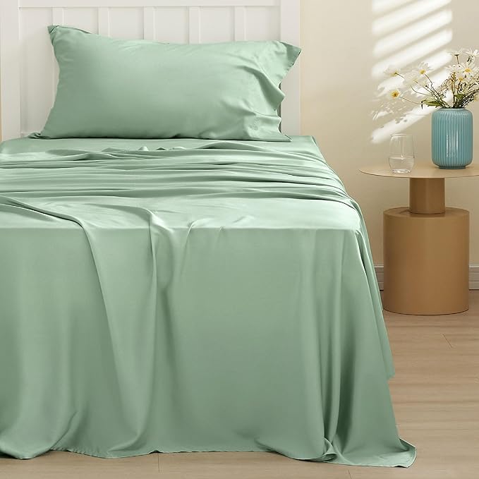 Bedsure Cooling Sheets Twin XL, Rayon Derived from Bamboo, Breathable & Soft Twin XL Sheet Sets, Deep Pocket Up to 16 Inches, Hotel Luxury Silky Dorm Bedding for Hot Sleepers, Sage Green