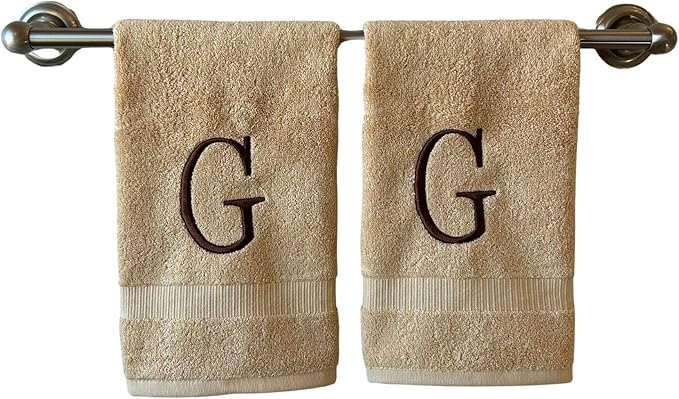 Beige Initial Hand Towel for Bathroom - Monogrammed Luxury Hotel Quality Decorative Embroidered Towel for Powder Room, Spa - GOTS Organic Certified - Set of 2 Brown Letter G