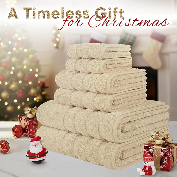 American Soft Linen Luxury 6 Piece Towel Set, 2 Bath Towels 2 Hand Towel 2 Washcloths, 600 GSM 100% Cotton Turkish Towels for Bathroom, Beige Towel Sets