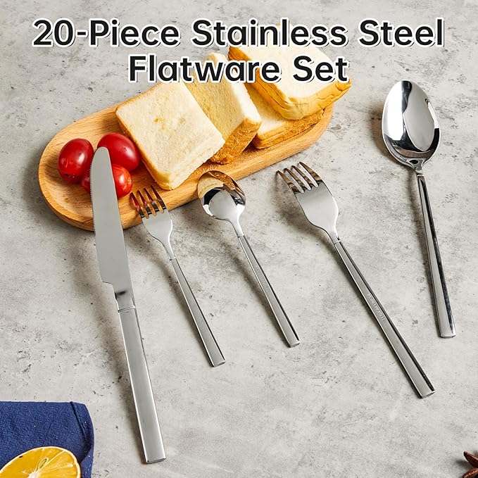 WANGYUANJI 20-Piece Stainless Steel Flatware Set, Service for 4 — 4 × 5-Piece Place Settings (Knife, Dinner Fork, Salad Fork, Dinner Spoon & Teaspoon), Mirror-Finish, Dishwasher Safe Silverware