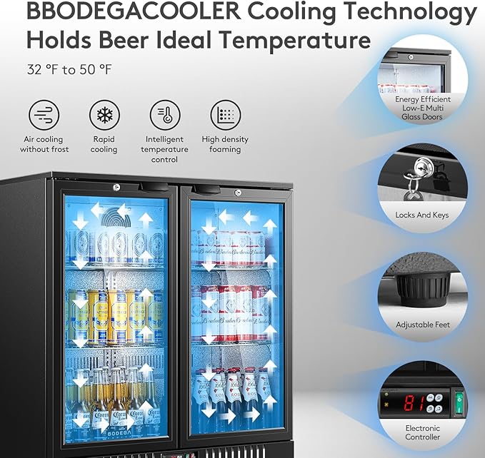 BODEGACOOLER Back Bar Cooler with 2 Glass Doors,7.4cu.ft Commercial Undercounter Beverage Fridge,35” Height Bar Refrigerator LED Lighting With Locks 68 bottles For Home, Kitchen,Bar,Conveneience Store