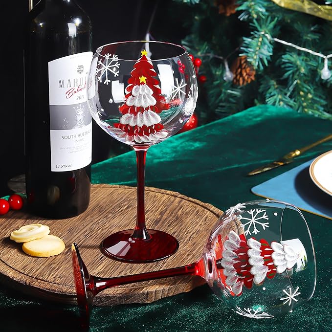 Joeyan Christmas Crystal Balloon Wine Glasses,Hand Painted Large Wine Goblet Glass Cups with Stem,Gin Tonic Cocktail Drinking Glasses with Red Xmas Tree and Snowflakes Patterns,19.5 oz,Set of 2