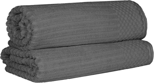 Cotton 2-Piece Solid and Ribbed Bath Sheet Set, Bath Sheets- 34" x 68", Charcoal by Superior