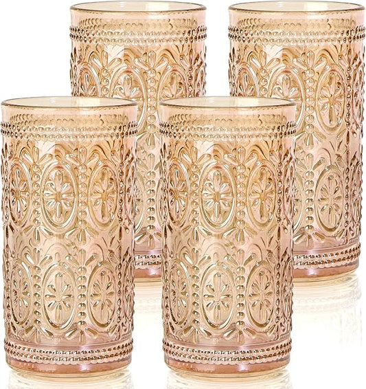 Amber Glassware set of 4 Vintage Drinking Glasses, 12oz Amber Heavy Duty Glass Cups, Old Fashioned Glass, Highball Glasses Set for Party Wedding Home Office Glassesware Gift