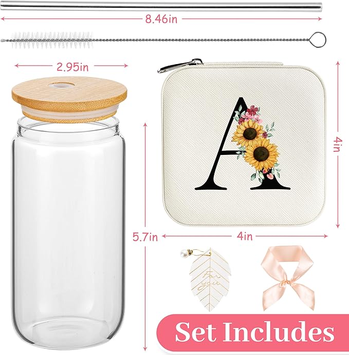 AYGXU christmas gifts for women,Initial glass cup with initial Jewelry Box,Jewelry Case Organizer,iced coffee cups,Travel Gifts for Women Girls,Birthday Gifts,Initial A white