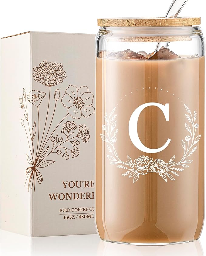 Personalized Gifts for Women, Monogrammed 16oz Glass Cups with Bamboo Lids and Straws, Customized Glass Tumbler, Cute Custom Mug, Customizable Initial Iced Coffee Glasses, Birthday Bridesmaid Mom, C