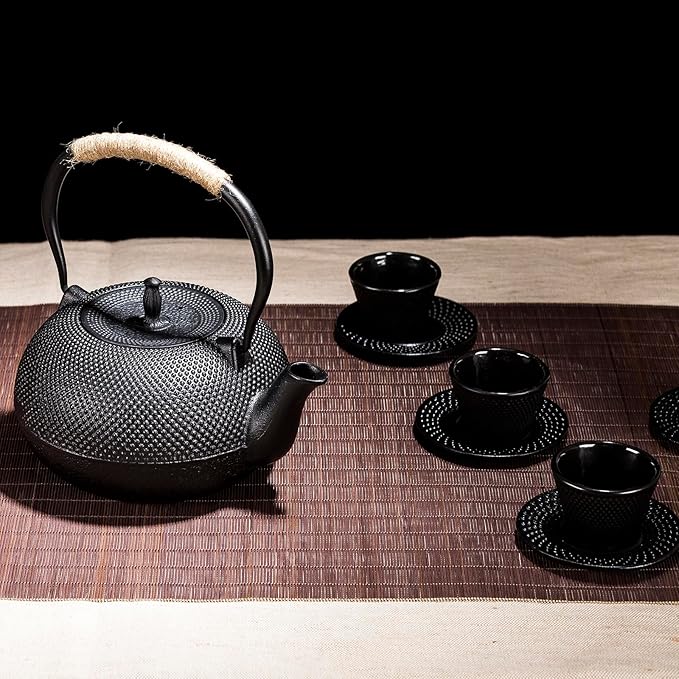 Big Cast Iron Teapot Set with Cups, Japanese Tetsubin Tea Kettle for Stovetop Safe, Cast Iron Tea Set with Tea Strainer for Loose Tea and Enameled Interior (1800ml Teapot Set with Cups)