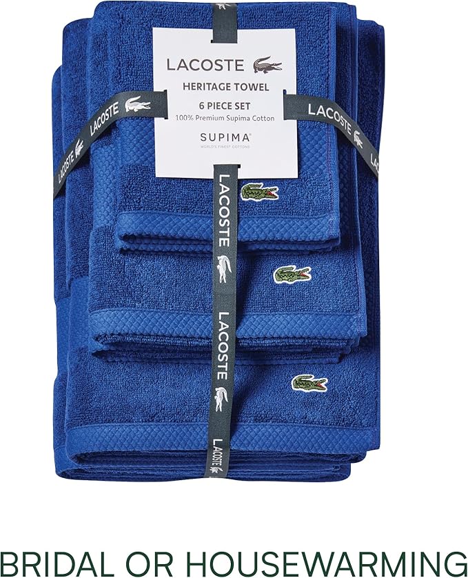 Lacoste Heritage Supima Cotton 6-Piece Towel Set, 2 Bath Towels, 2 Hand Towels, 2 Washcloths, Surf Blue – Highly Absorbent & Quick Drying, Bathroom Essential, Machine Washable