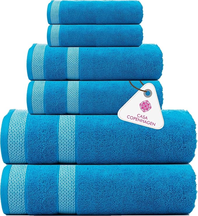 CASA COPENHAGEN Solitaire 6 Pieces Towel Set- Teal Blue, 600 GSM 2 Bath Towel 2 Hand Towel 2 Washcloth, Designed in Denmark Made of Soft Egyptian Cotton for Bathroom, Kitchen & Shower