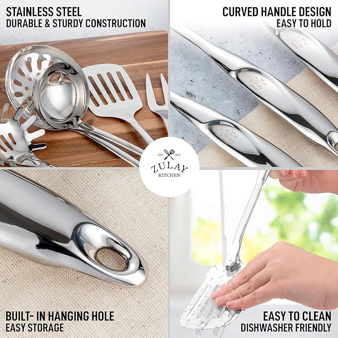 Zulay Kitchen Stainless Steel Cooking Utensil - Stainless Steel Kitchen Utensil - Durable Kitchen Gadgets - Metal Kitchen Accessories - Easy to Clean Kitchen Tools - 5 Piece Set