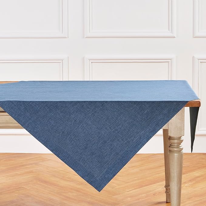 Solino Home Linen Cloth Tablecloth 52 x 52 Inch - 100% Pure Linen Blue Denim Square Tablecloth - Athena, Machine Washable Table Throw