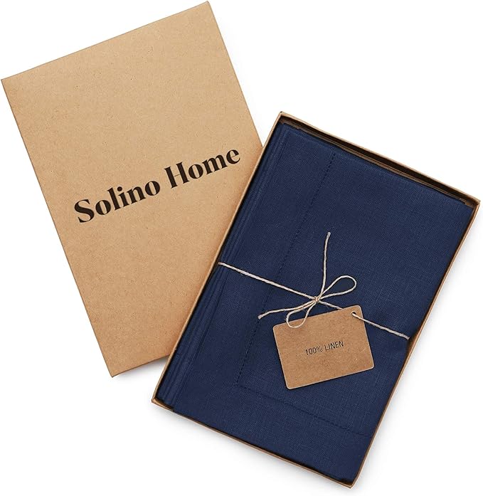 Solino Home Navy Blue Linen Napkins Set of 4-100% Pure Linen Hemstitch Dinner Napkins 20 x 20 Inch for Holiday, Winter, New Year - Classic Hemstitch
