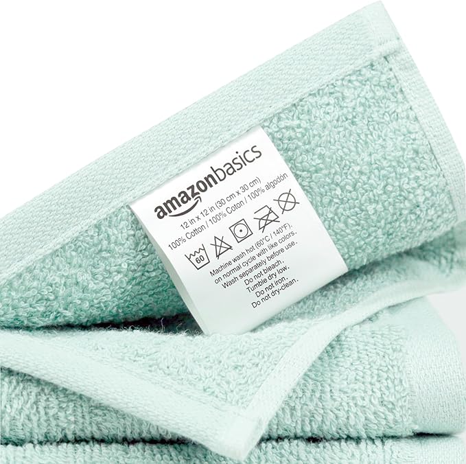 Amazon Basics face Towels for bathroom, 100% Cotton Extra Absorbent washcloth, Fast Drying - salon towel - 24 Pack Ice Blue (12 x 12 inches)