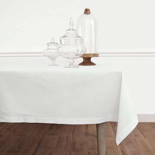 Solino Home White Tablecloth 58 x 104 Inch - Cotton Linen Hemstitch Rectangular Tablecloth - Machine Washable Table Cloth for Winter, Valentines, Holiday, New Year