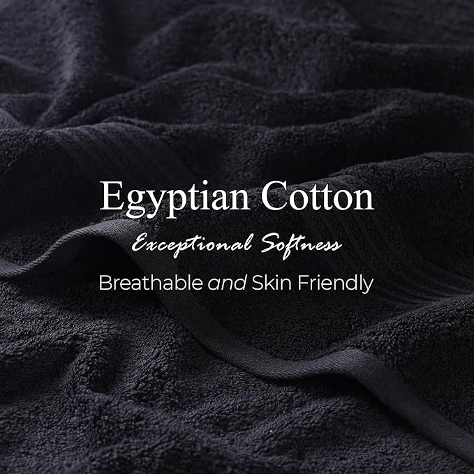 Superior Egyptian Cotton 4-Piece Bath Towel Set for Shower, Bath, Spa, Resort, Hotel, Soft Body Towels, Airbnb Essentials, Apartment, Dorm, Quick Dry, Absorbent, Bathroom Basics, Black