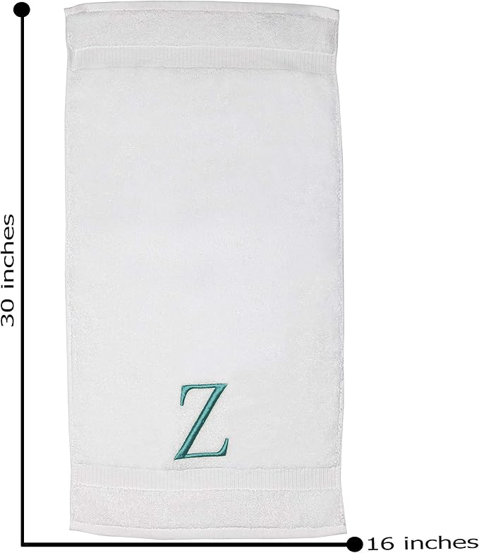 White Monogram Hand Towel for Bathroom - Monogrammed Initial Hotel Quality Decorative Embroidered Luxury Towel for Powder Room, Spa - GOTS Organic Certified - Set of 2 Teal Letter Z