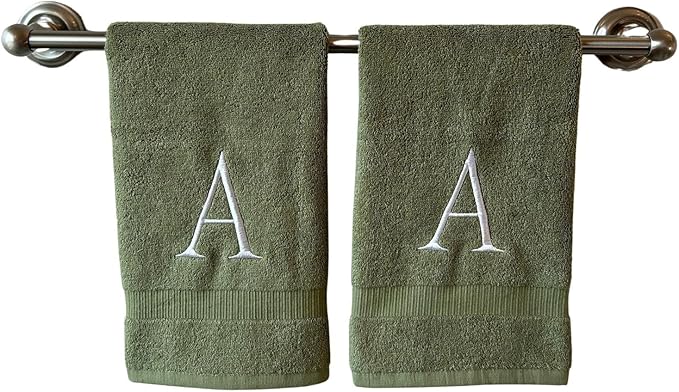 Sage Initial Hand Towel for Bathroom - Monogrammed Luxury Hotel Quality Decorative Embroidered Towel for Powder Room, Spa - GOTS Organic Certified - Set of 2 Letter A