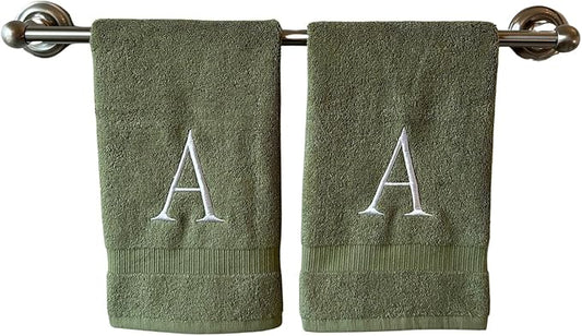 Sage Initial Hand Towel for Bathroom - Monogrammed Luxury Hotel Quality Decorative Embroidered Towel for Powder Room, Spa - GOTS Organic Certified - Set of 2 Letter A
