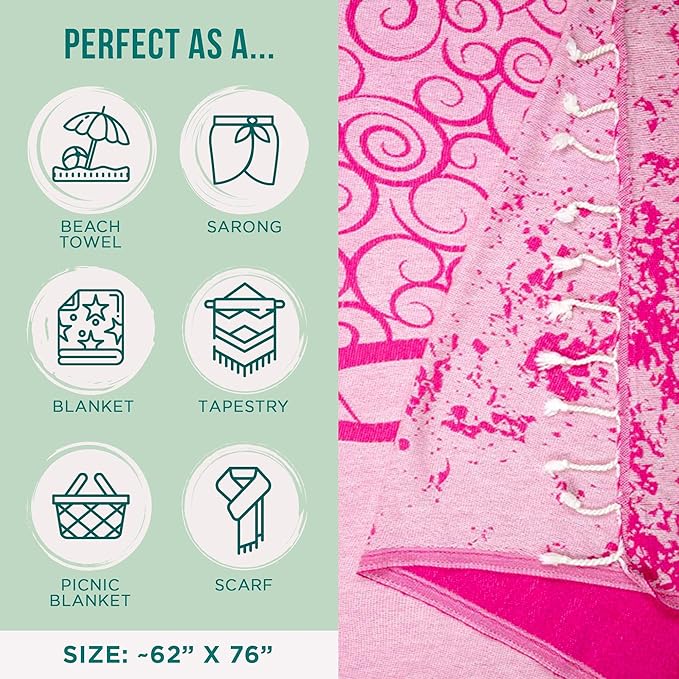 Sand Cloud Turkish Beach Towel - Sand Free - 100% Organic Turkish Cotton Yarn - Quick Dry Towel for Beach, Picnic, Blanket or Bath - As Seen on Shark Tank - Marine Life (Crush Turtle Fucshia)