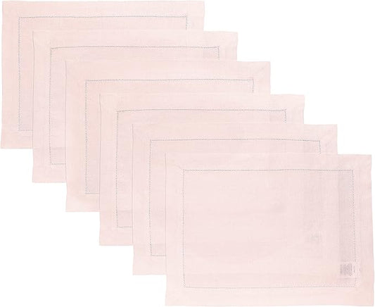 Solino Home Linen Cloth Placemats Set of 6-100% Pure Linen Hemstitch Pink Placemats 14 x 19 Inch - Classic Hemstitch Table Place Mats for Valentines