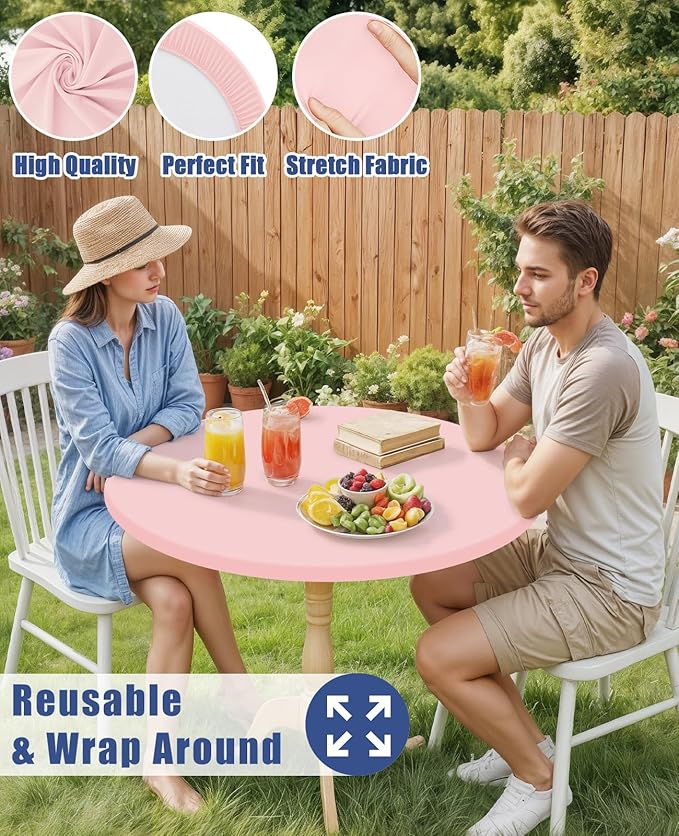 Round Spandex Tablecloth, Elastic Fitted Waterproof Tablecloths for 25"-30" Tables, Stretch Washable Picnic Table Cover for Camping, Dining, Indoor and Outdoor, Pink