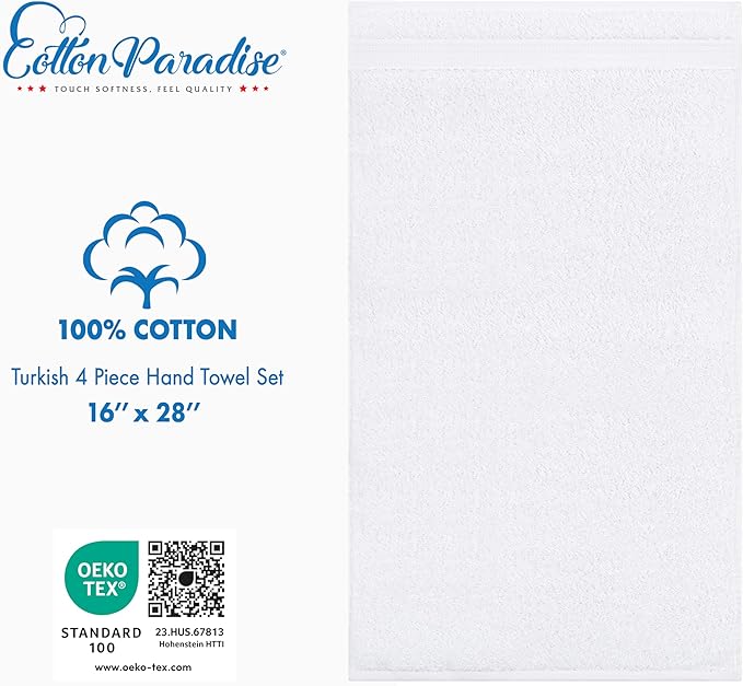 Cotton Paradise Hand Towels for Bathroom, 100% Cotton Turkish 4 Piece Hand Towel Set, Soft Absorbent Face Towels, White Hand Towels