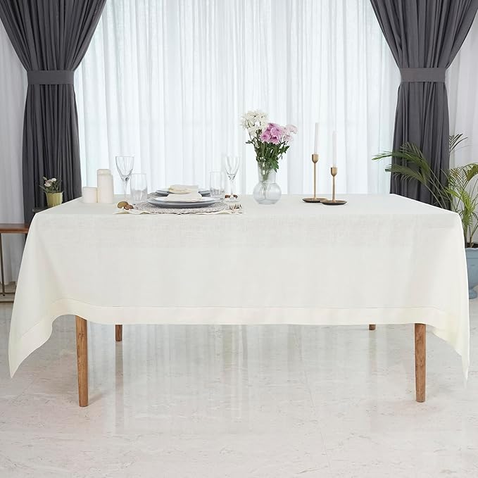 D'Moksha Homes Ivory Linen Tablecloth for Rectangle Tables 60 x 90 Inch - 100% Pure Linen Ivory Table Cloth - Classic Hemstitch, Machine Washable Tablecloth for Winter, Christmas, Holiday, New Year