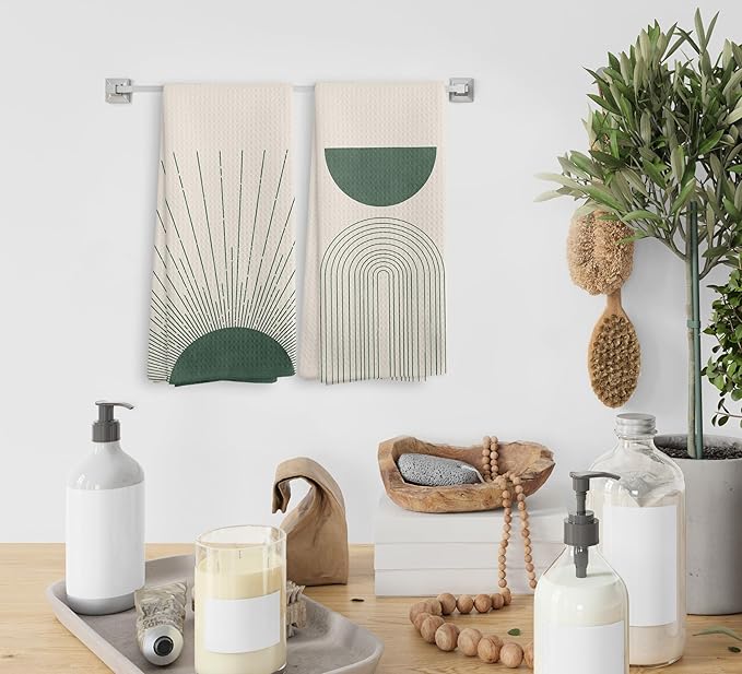 Beige Green Abstract Sunrise Kitchen Towels and Dishcloths Set of 2, Bohemian Sun Decorative Towels, Green Moon Drying Cloth Hand Towels for Bohemian Bathroom Kitchen Decor, 16×24 Inches