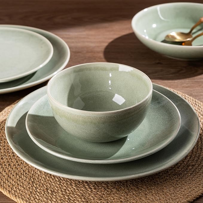 AmorArc Ceramic Dinnerware Sets for 8, 24 Pieces Handpainted Plates and Bowls Set, Scratch Resistant Stoneware Dishes Set, Dishwasher & Microwave Safe, Olive Green