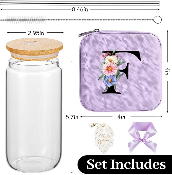 AYGXU Bridesmaid proposal gifts,Travel Initial Jewelry Box for Girls,Travel Jewelry Case,Initial Glass Cup,Cute Tumbler Cup,Small Jewelry Organizer for Teen Girls Gifts,Initial F purple