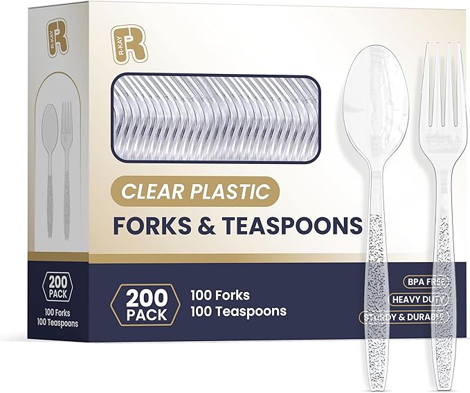 200 Count Plastic Silverware Heavy Duty - Clear Plastic Forks And Spoons Set - BPA Free Plastic Utensils Set - Heat Resistance Cutlery For All Occasions