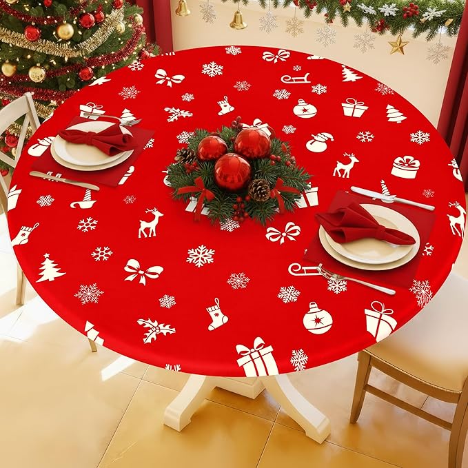 Round Spandex Christmas Tablecloth, Elastic Fitted Waterproof Tablecloths for 36"-44" Tables, Stretch Washable Picnic Table Cover for Christmas Dinner, Box Snowflake