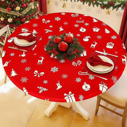 Round Spandex Christmas Tablecloth, Elastic Fitted Waterproof Tablecloths for 36"-44" Tables, Stretch Washable Picnic Table Cover for Christmas Dinner, Box Snowflake
