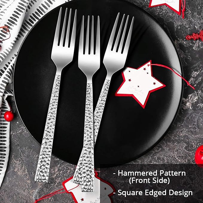 E-far 12-Piece Hammered Dinner Forks Set, 7.9 Inch Stainless Steel Forks for Home, Kitchen or Restaurant, Non-toxic & Mirror Polished, Squared Edge & Dishwasher Safe