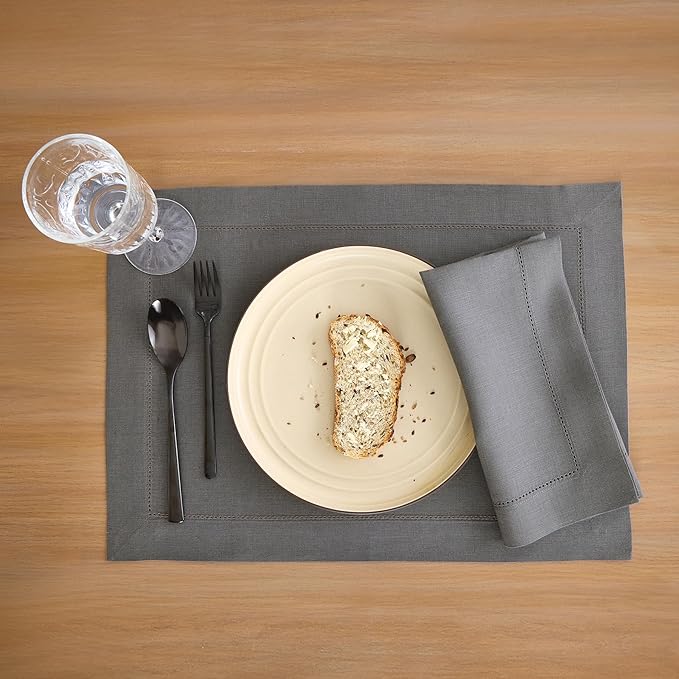 Solino Home Linen Cloth Napkins Set of 4-100% Pure Linen Steel Gray Dinner Napkins 20 x 20 Inch - Classic Hemstitch, Handcrafted and Machine Washable