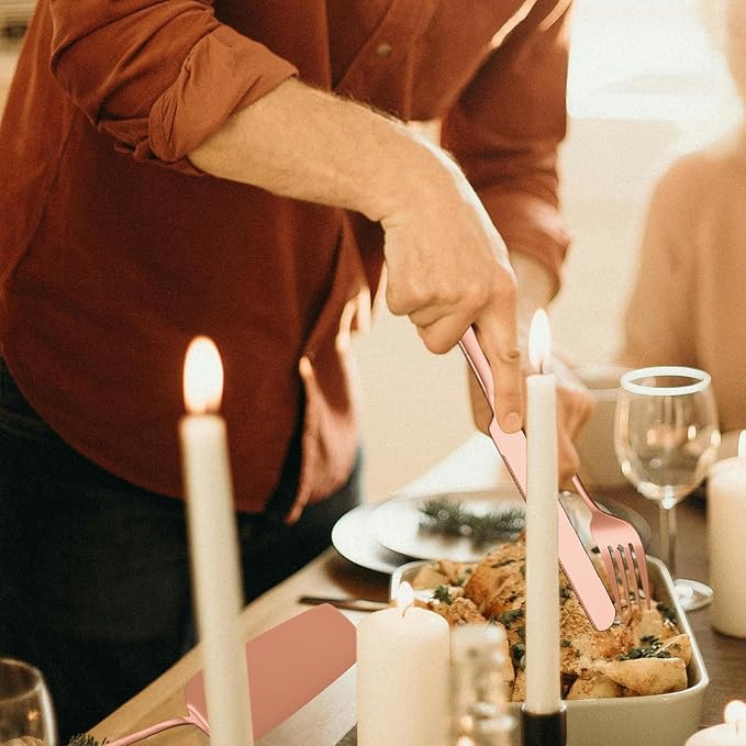 Copper Serving Utensils Set - Rose Gold Stainless Steel Flatware Set 11- Pieces Cake Knife Serving Fork Spoon Skimmer Pasta Ladle Spatula Perfect for Home Kitchen and Special Occasions