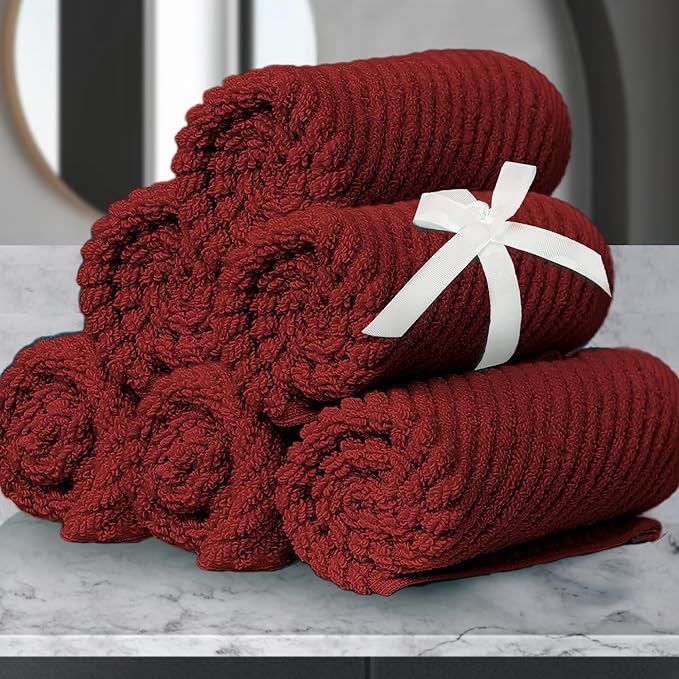 VOOVA & MOVAS Red Washcloths, 6PC 13"x13" - 100% Cotton | Quick Dry | Lightweight | Thick | Soft | Absorbent, Bath Hand Towels Set for Face & Body, Face Towels for Bathroom, Towel Gift Set, Burgundy