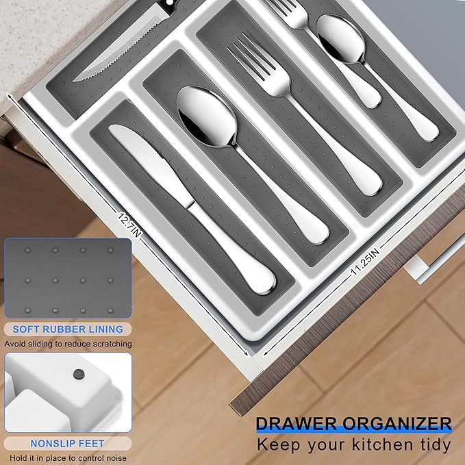 E-far Silverware Set with Organizer, 49-Piece Stainless Steel Flatware Cutlery Set for 8 with Steak Knives, Kitchen Metal Eating Utensils Sets Include Forks Spoons Knife, Mirror Polished & Rust Proof