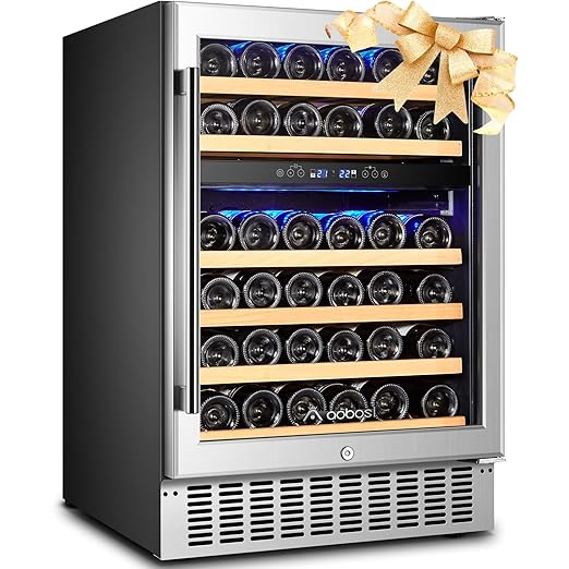 AAOBOSI 46 Bottles Wine Fridge, 24 Inch Wine Cooler with Dual Zone, Freestanding and Built-in Wine Refrigerator with Blue LED Light and Adjustable Shelves, Double-Layer Glass Door, Safety Lock