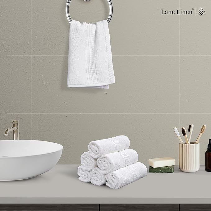 LANE LINEN 100% Cotton Washcloths 24 Pack - Spa & Salon Quality Face Towels - Ring Spun, Soft & Absorbent Wash Cloth Rags for Body, Beauty, Home, Gym - Fingertip Towels - 13"x13", White Washcloths