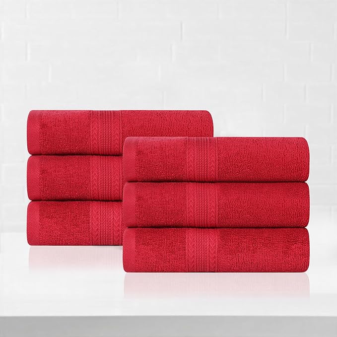 Superior Eco-Friendly Cotton 6-Piece Hand Towel Set, Small Towels for Spa, Resort, Hotel, Guest Bath, Kitchen, Quick Dry, Soft, Bathroom Accessories, Home and Apartment Essentials, Cranberry