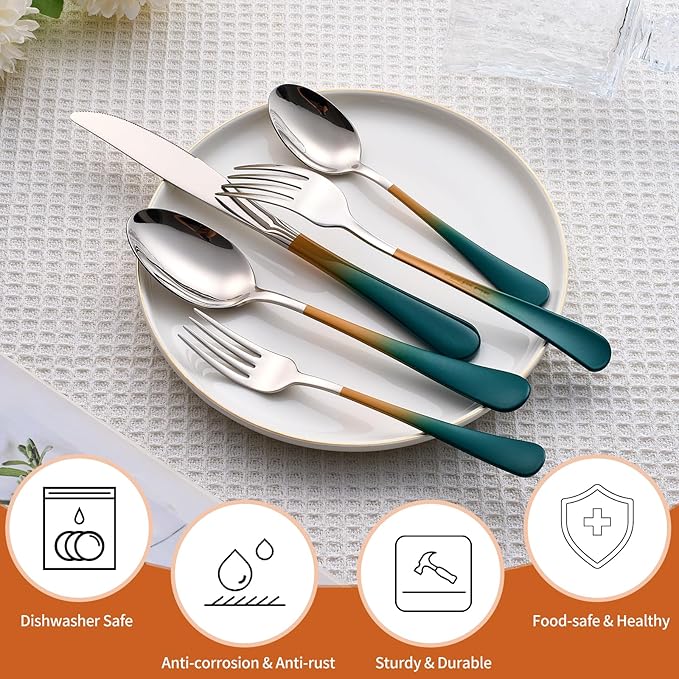 20 Piece Green and Orange 18/0 Flatware Utensil Set for 4, Include Dinner Knife,Dinner Forks,Dinner Spoons,Salad Forks,Teaspoons,Silverware Set for 4, Dishwasher Safe
