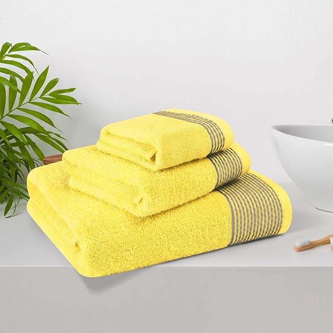 Belizzi Home Ultra Soft 3 Pack Cotton Towel Set, Contains a Bath Towel 28x55 inch, a Hand Towel 16x24 inch & a Wash Coth 12x12 inch, Ideal Everyday use, Compact & Lightweight -Yellow
