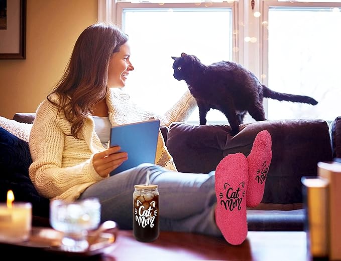 Mason Life Gift for Women, Birthday Gift for Cat Lover, Glass Cup and Sock for Kitty Mom, Cat Mom Gifts for Women, Kitty Themed Gifts, 18oz Drinking Glasses with Bamboo Lid and Glass Straw