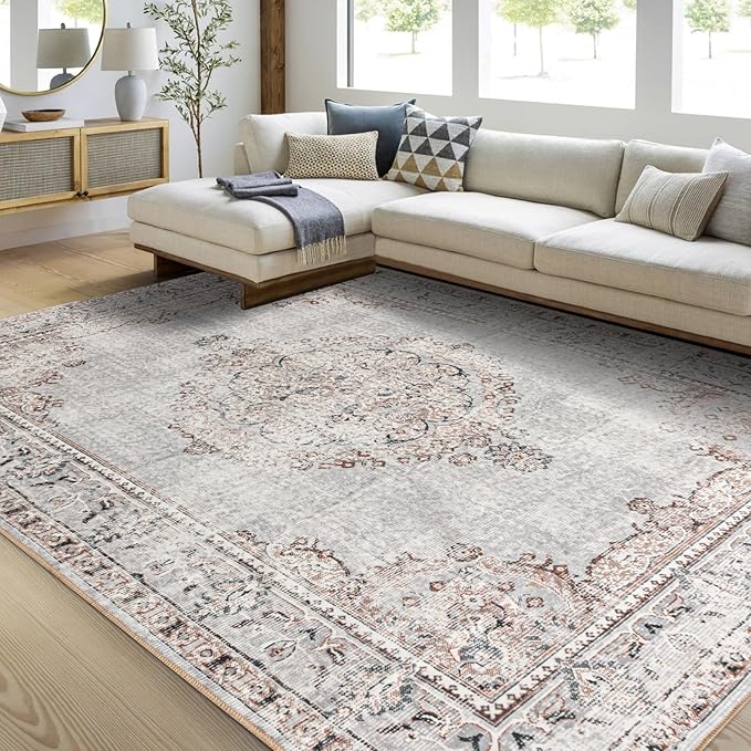 Easy-Going Area Rug 6x9 Washable Boho Rugs for Living Room Non-Slip Bedroom Rug Low Pile Lightweight Vintage Distressed Throw Rug for Dining Room Kitchen Home Office Carpet, Grey Brick