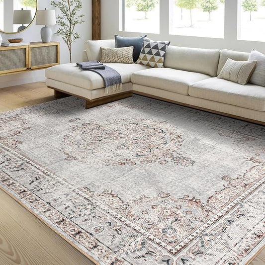 Easy-Going Area Rug 6x9 Washable Boho Rugs for Living Room Non-Slip Bedroom Rug Low Pile Lightweight Vintage Distressed Throw Rug for Dining Room Kitchen Home Office Carpet, Grey Brick