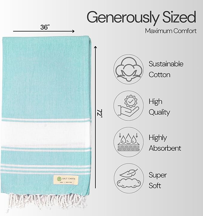 Salt Earth Cotton Turkish Beach Towel, Set of 4-36" X72" Large Bath Towels, Quick Dry Towel, Bathroom, Beach Essentials, Gym, Quick Dry for Shower, Lightweight Large Towels for All (Aqua)